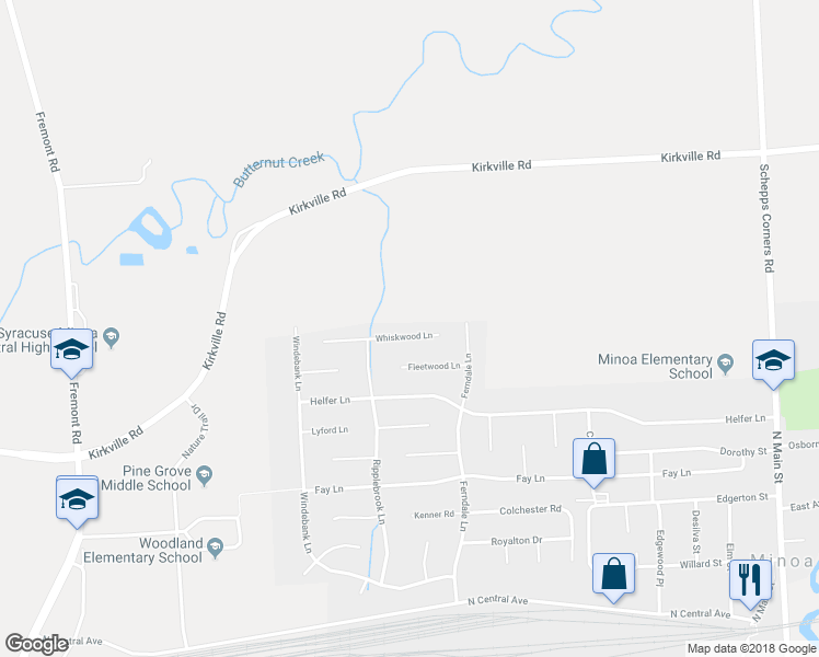 map of restaurants, bars, coffee shops, grocery stores, and more near 109 Whiskwood Lane in Minoa