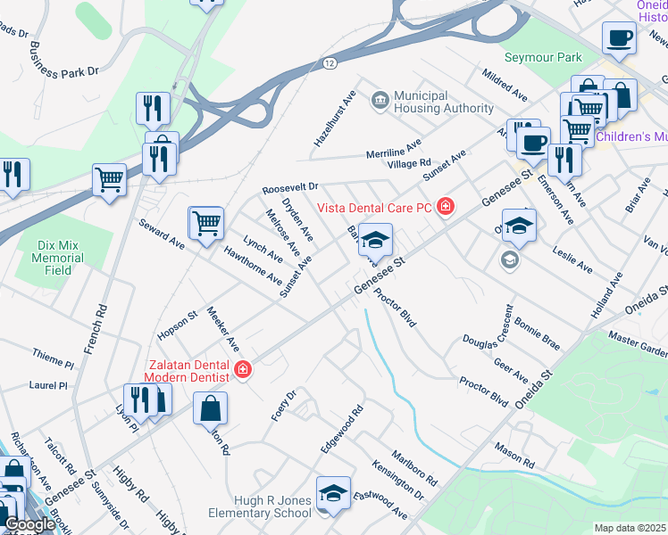 map of restaurants, bars, coffee shops, grocery stores, and more near 7 Fairfax Place in Utica