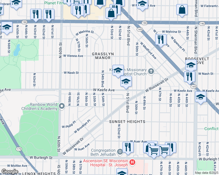 map of restaurants, bars, coffee shops, grocery stores, and more near 3503 North 53rd Street in Milwaukee