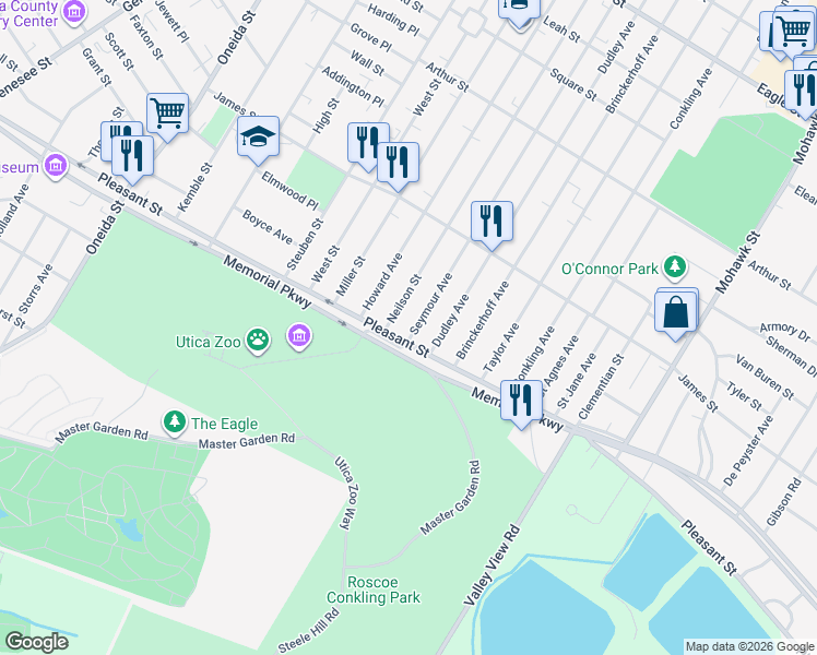 map of restaurants, bars, coffee shops, grocery stores, and more near 1688 Seymour Avenue in Utica