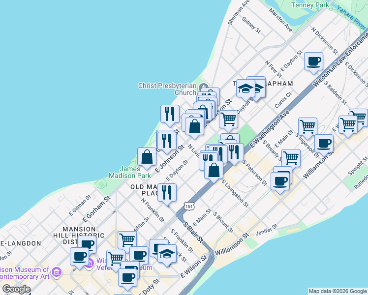 map of restaurants, bars, coffee shops, grocery stores, and more near 215 North Livingston Street in Madison