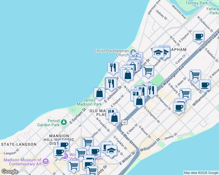 map of restaurants, bars, coffee shops, grocery stores, and more near 715 East Gorham Street in Madison