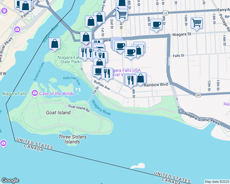 map of restaurants, bars, coffee shops, grocery stores, and more near 215 Buffalo Avenue in Niagara Falls