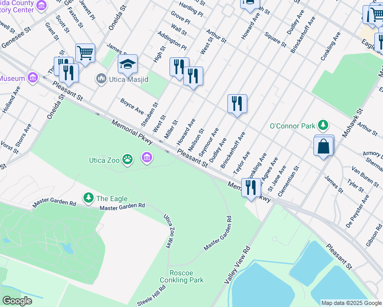 map of restaurants, bars, coffee shops, grocery stores, and more near 1675 Neilson Street in Utica