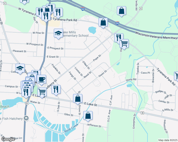 map of restaurants, bars, coffee shops, grocery stores, and more near 731 Reed Street in Lake Mills