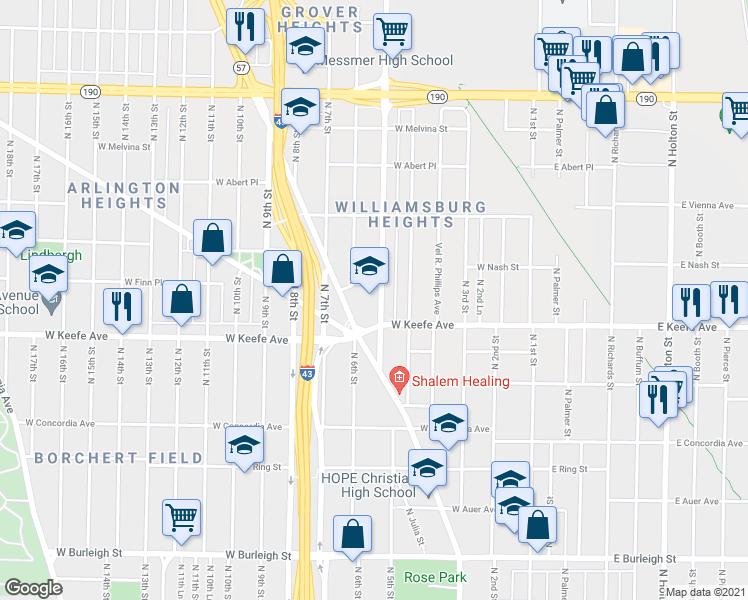 map of restaurants, bars, coffee shops, grocery stores, and more near 3601 North Port Washington Avenue in Milwaukee