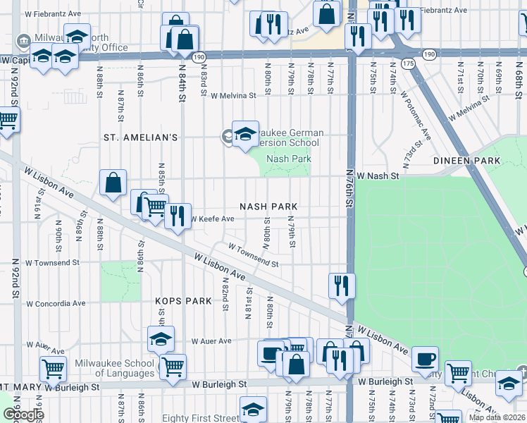 map of restaurants, bars, coffee shops, grocery stores, and more near 3505 North 80th Street in Milwaukee