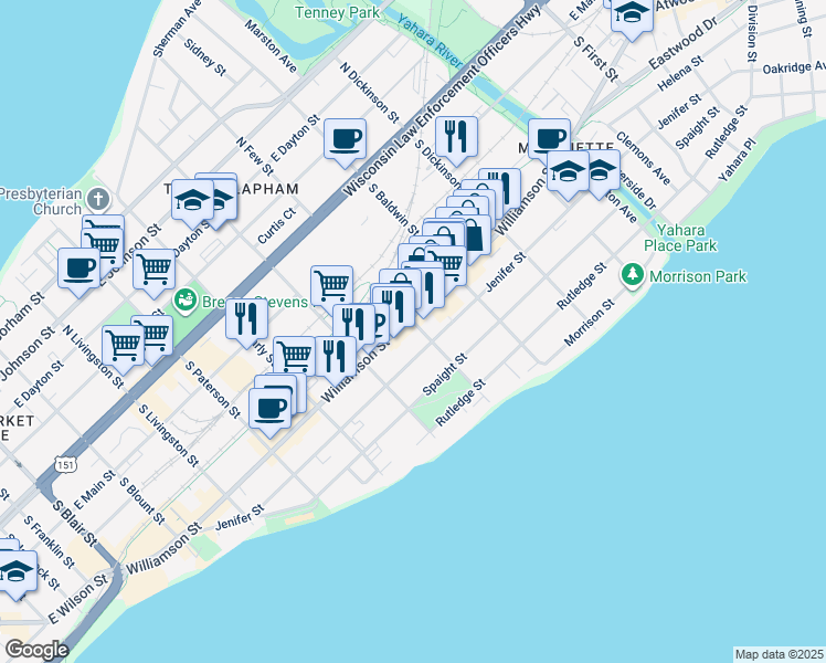 map of restaurants, bars, coffee shops, grocery stores, and more near 406 South Few Street in Madison