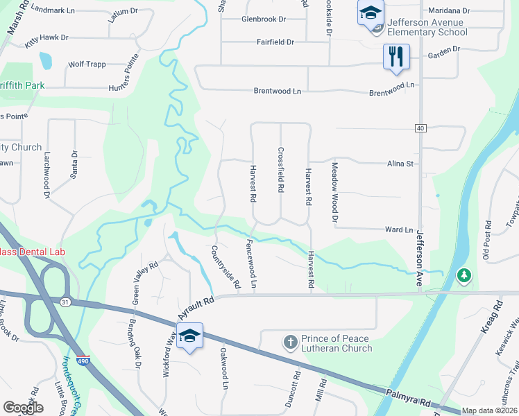 map of restaurants, bars, coffee shops, grocery stores, and more near 98 Harvest Road in Fairport