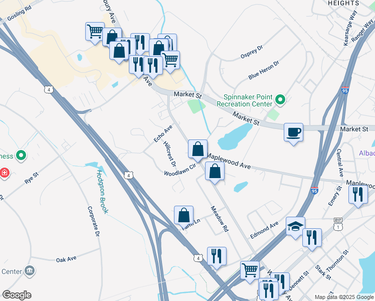 map of restaurants, bars, coffee shops, grocery stores, and more near 1094 Woodbury Avenue in Portsmouth