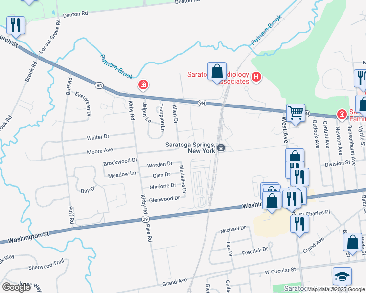 map of restaurants, bars, coffee shops, grocery stores, and more near 34 Allen Drive in Saratoga Springs