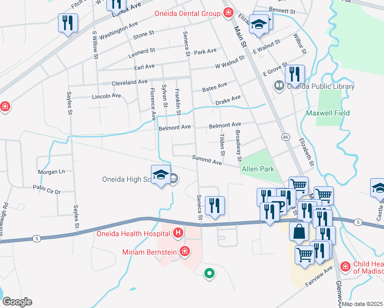 map of restaurants, bars, coffee shops, grocery stores, and more near 531 Seneca Street in Oneida