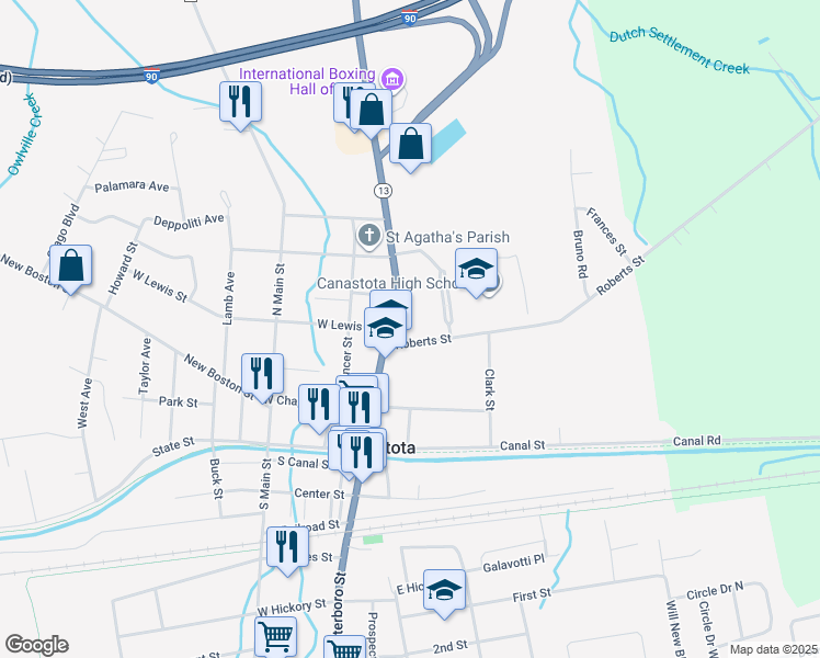 map of restaurants, bars, coffee shops, grocery stores, and more near 314 North Peterboro Street in Canastota