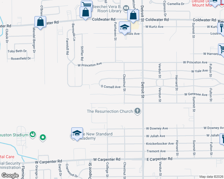 map of restaurants, bars, coffee shops, grocery stores, and more near 1439 South Cornell Avenue in Flint