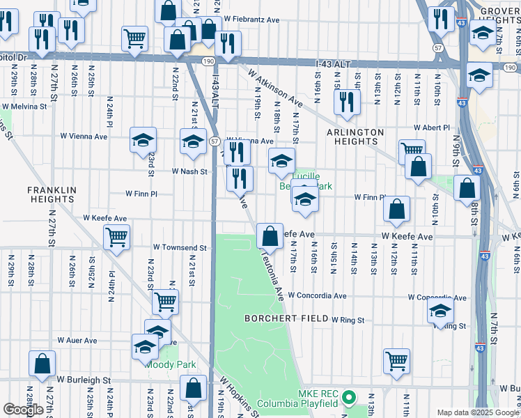 map of restaurants, bars, coffee shops, grocery stores, and more near 3556 North 19th Street in Milwaukee