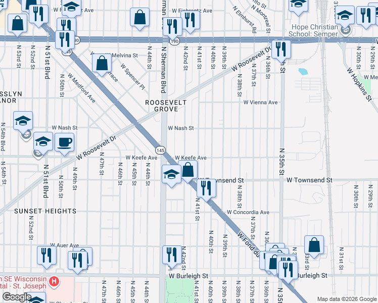 map of restaurants, bars, coffee shops, grocery stores, and more near 3519 North 41st Street in Milwaukee