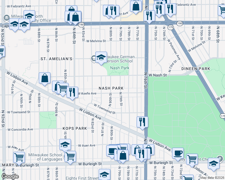 map of restaurants, bars, coffee shops, grocery stores, and more near 3505 North 80th Street in Milwaukee