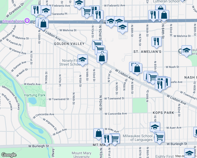 map of restaurants, bars, coffee shops, grocery stores, and more near 3522 North 92nd Street in Milwaukee