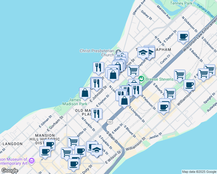 map of restaurants, bars, coffee shops, grocery stores, and more near 215 North Livingston Street in Madison