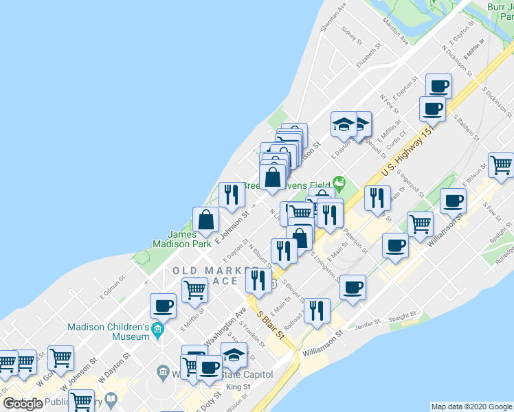 map of restaurants, bars, coffee shops, grocery stores, and more near 215 North Livingston Street in Madison