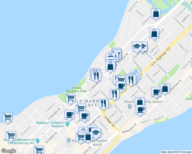 map of restaurants, bars, coffee shops, grocery stores, and more near 736 East Johnson Street in Madison