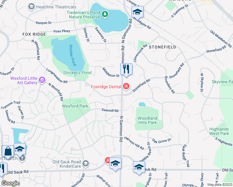 map of restaurants, bars, coffee shops, grocery stores, and more near 7014 Longmeadow Road in Madison
