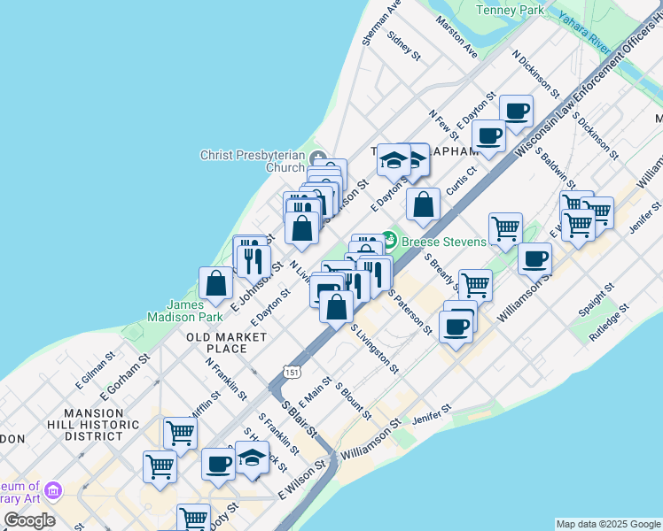 map of restaurants, bars, coffee shops, grocery stores, and more near 899 East Dayton Street in Madison