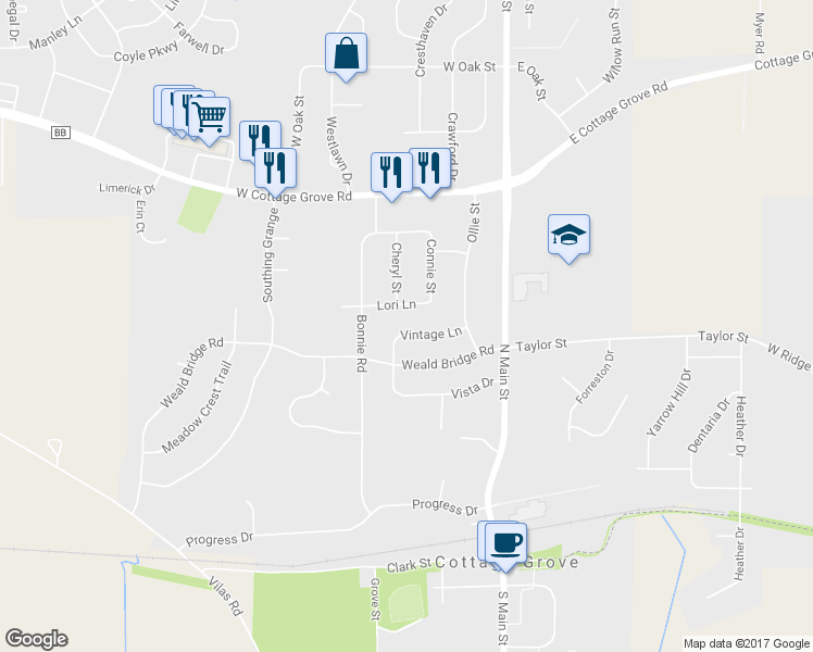 map of restaurants, bars, coffee shops, grocery stores, and more near 213 Vintage Lane in Cottage Grove