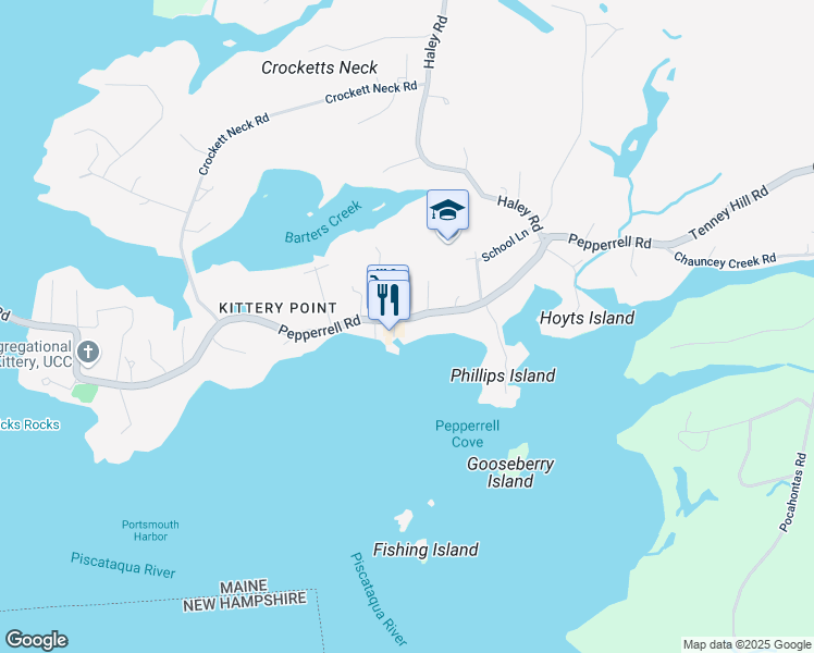 map of restaurants, bars, coffee shops, grocery stores, and more near 98 Pepperrell Road in Kittery