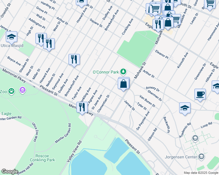 map of restaurants, bars, coffee shops, grocery stores, and more near 635 James St in Utica