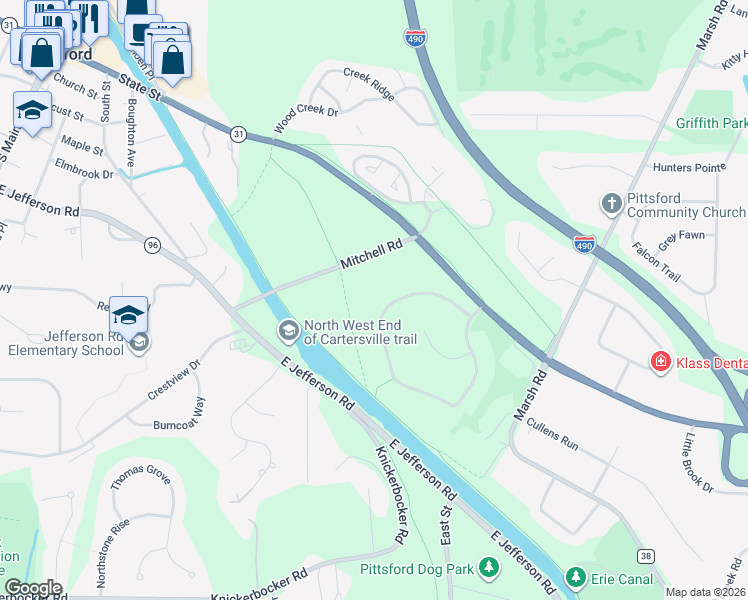 map of restaurants, bars, coffee shops, grocery stores, and more near 64 Meadow Cove Road in Pittsford