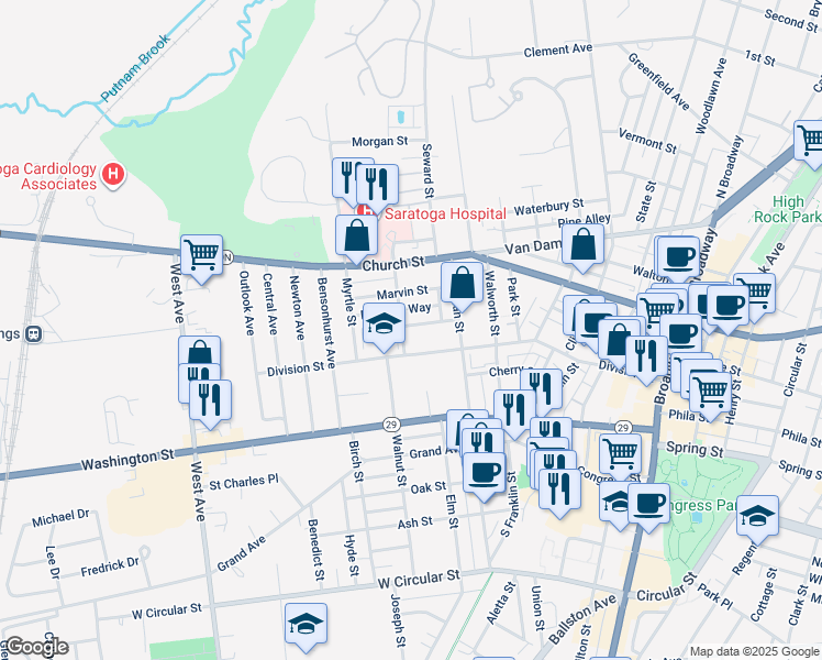 map of restaurants, bars, coffee shops, grocery stores, and more near 30 Andrews Street in Saratoga Springs