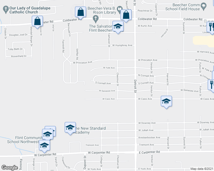 map of restaurants, bars, coffee shops, grocery stores, and more near 1439 South Cornell Avenue in Flint