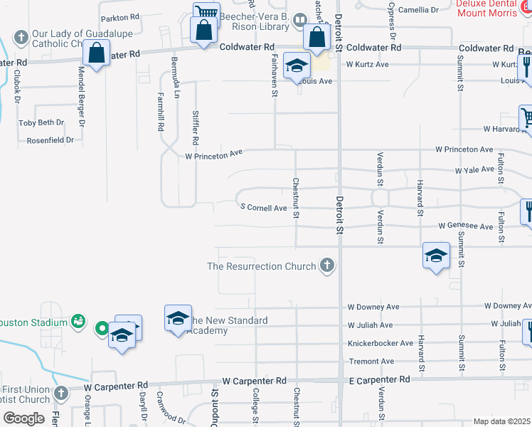map of restaurants, bars, coffee shops, grocery stores, and more near 1439 South Cornell Avenue in Flint
