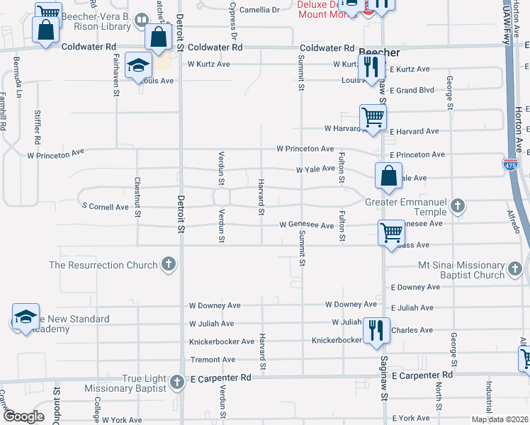 map of restaurants, bars, coffee shops, grocery stores, and more near 1191 South Cornell Avenue in Flint