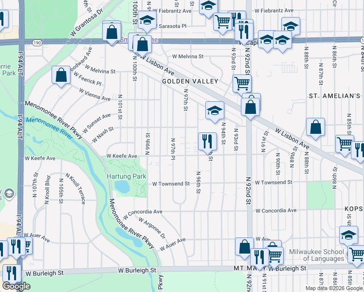 map of restaurants, bars, coffee shops, grocery stores, and more near 3523 North 97th Street in Milwaukee