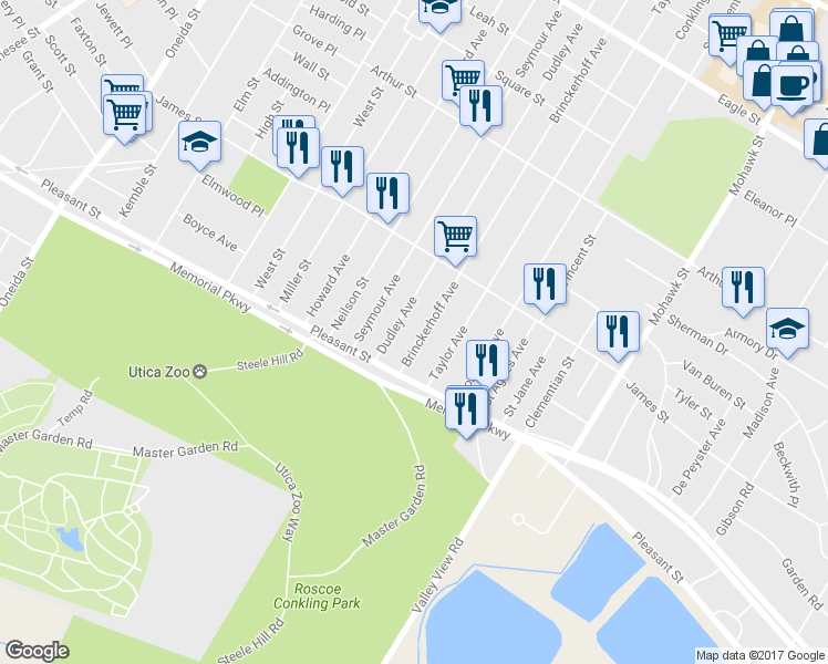 map of restaurants, bars, coffee shops, grocery stores, and more near 1658 Brinckerhoff Avenue in Utica