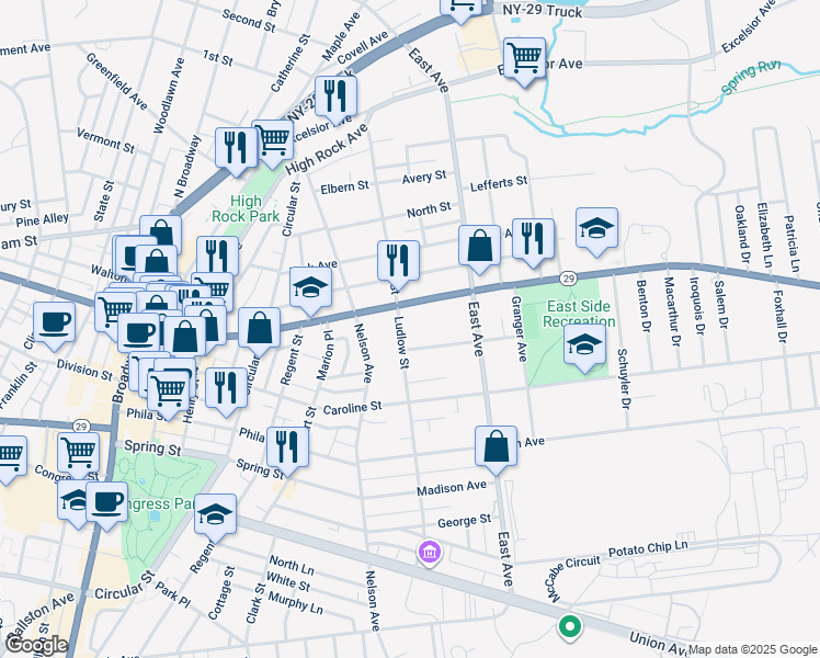 map of restaurants, bars, coffee shops, grocery stores, and more near 106 Ludlow Street in Saratoga Springs