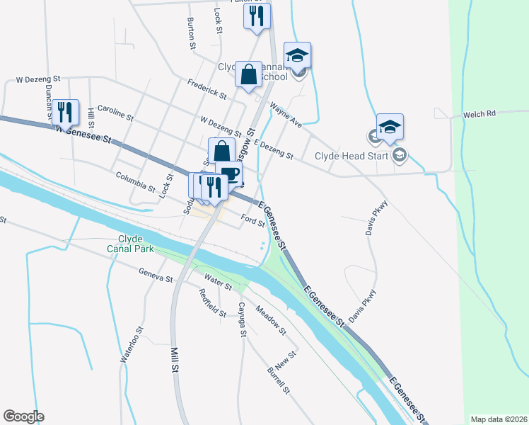 map of restaurants, bars, coffee shops, grocery stores, and more near 45 East Genesee Street in Clyde