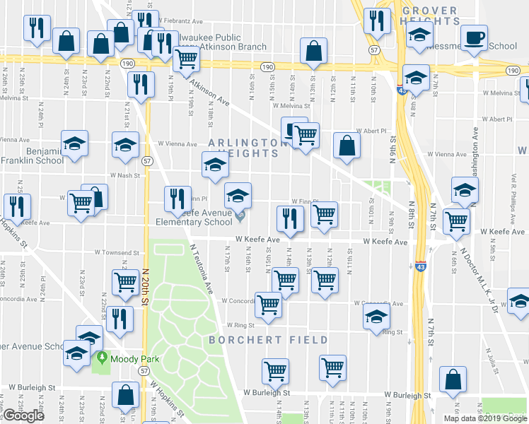 map of restaurants, bars, coffee shops, grocery stores, and more near 3557 North 15th Street in Milwaukee