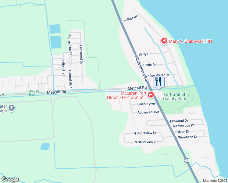 map of restaurants, bars, coffee shops, grocery stores, and more near 3535 Metcalf Road in Fort Gratiot Township