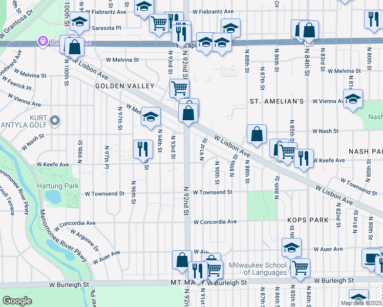 map of restaurants, bars, coffee shops, grocery stores, and more near 3522 North 92nd Street in Milwaukee