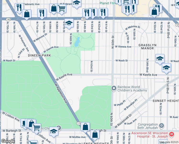 map of restaurants, bars, coffee shops, grocery stores, and more near 3509 North 63rd Street in Milwaukee