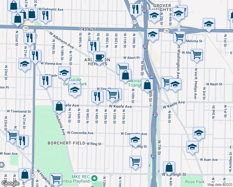 map of restaurants, bars, coffee shops, grocery stores, and more near 3556 North 12th Street in Milwaukee