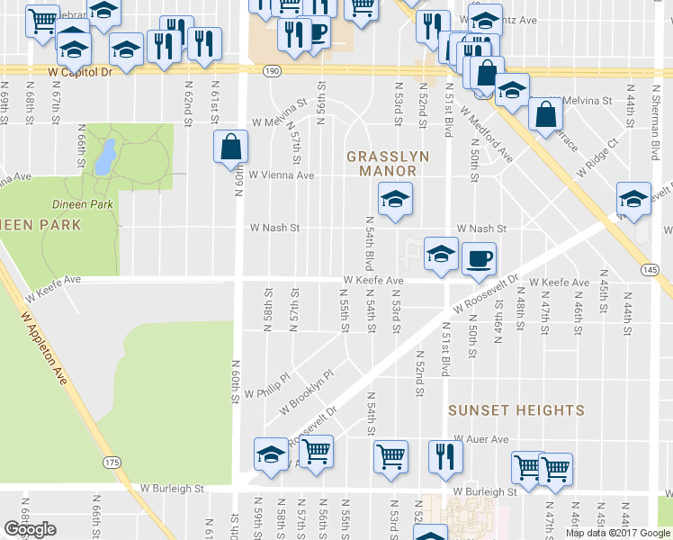 map of restaurants, bars, coffee shops, grocery stores, and more near 3509 North 55th Street in Milwaukee