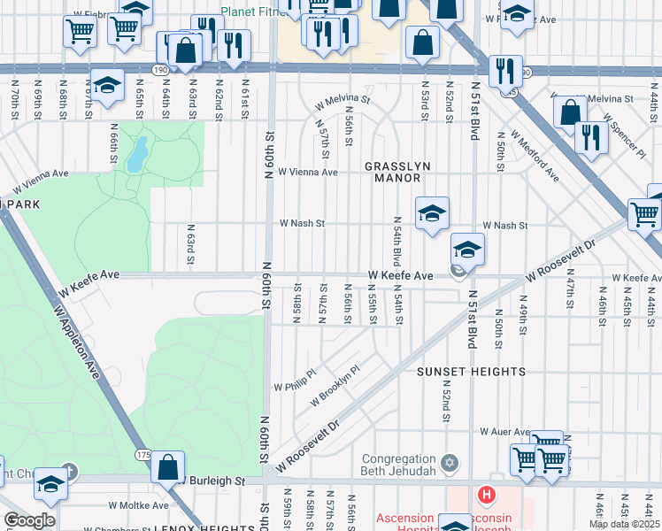 map of restaurants, bars, coffee shops, grocery stores, and more near 3510 North 57th Street in Milwaukee