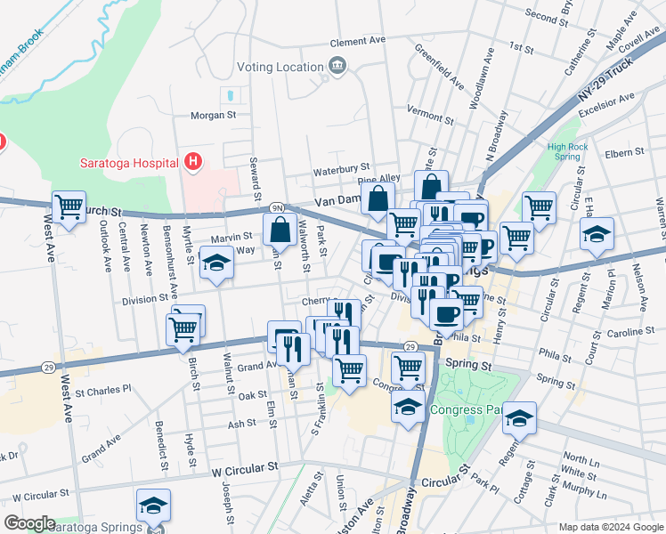 map of restaurants, bars, coffee shops, grocery stores, and more near 1 West Harrison Street in Saratoga Springs