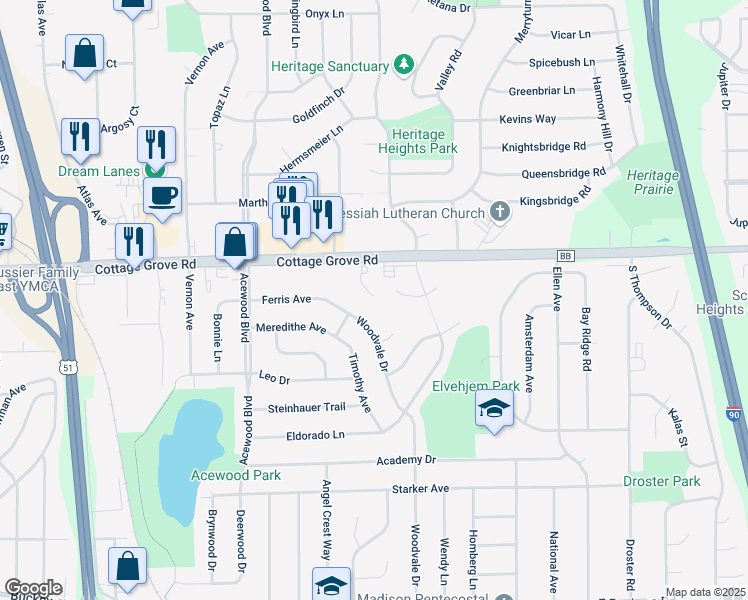 map of restaurants, bars, coffee shops, grocery stores, and more near 4828 Ferris Avenue in Madison