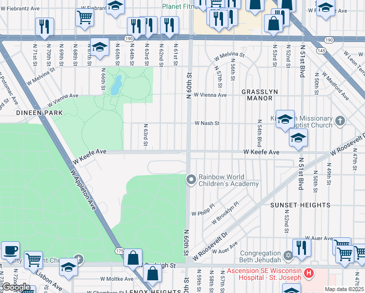 map of restaurants, bars, coffee shops, grocery stores, and more near 3501 North 60th Street in Milwaukee