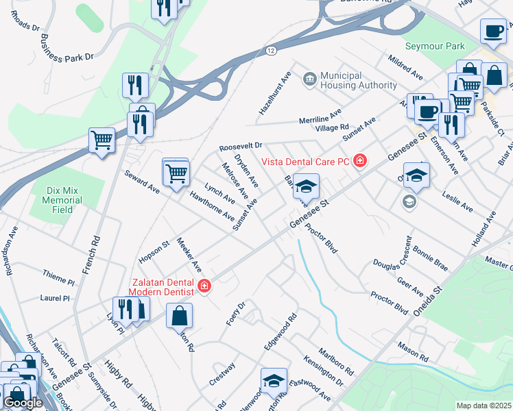 map of restaurants, bars, coffee shops, grocery stores, and more near 18 Melrose Avenue in Utica